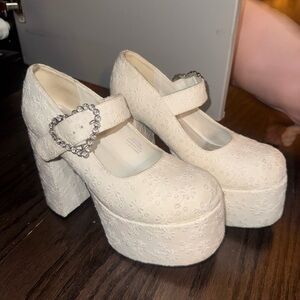 Sugar Thrillz Cream Heart Buckle Platform Shoes